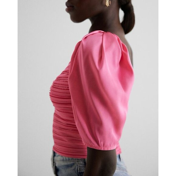 Express Women's Satin V-Bar Puff Sleeve Ruched Pleated Top Pink Size XS NWT $58 - Picture 3 of 16